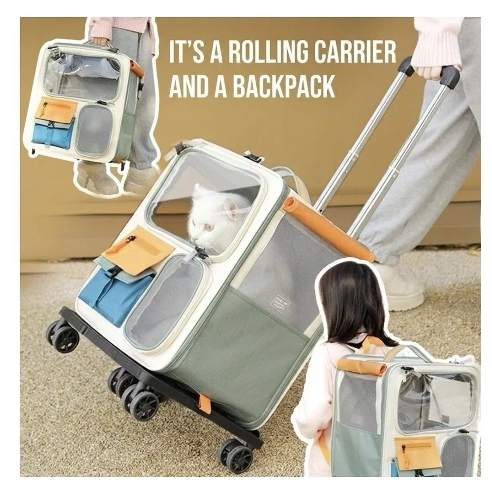 Convertible Rolling Travel Dog/ Cat Backpack And Rolling Pet Carrier